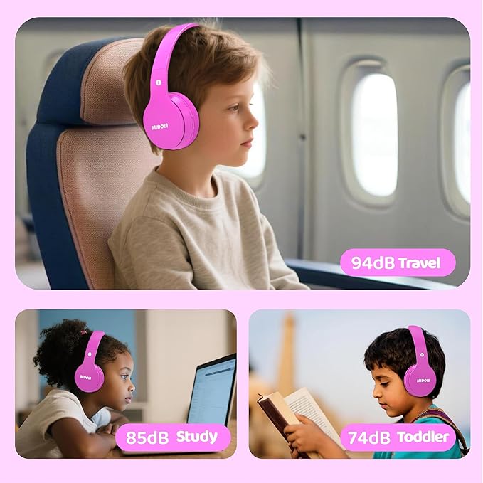 MIDOLA Kids Headphones Bluetooth 5.4 Wireless 68H Play Time Volume Limit 85/94dB Over-Ear Foldable Headset,Type-C Fast Charging, Wired Aux Mic for Toddler Child Pad Tablet Rose Red