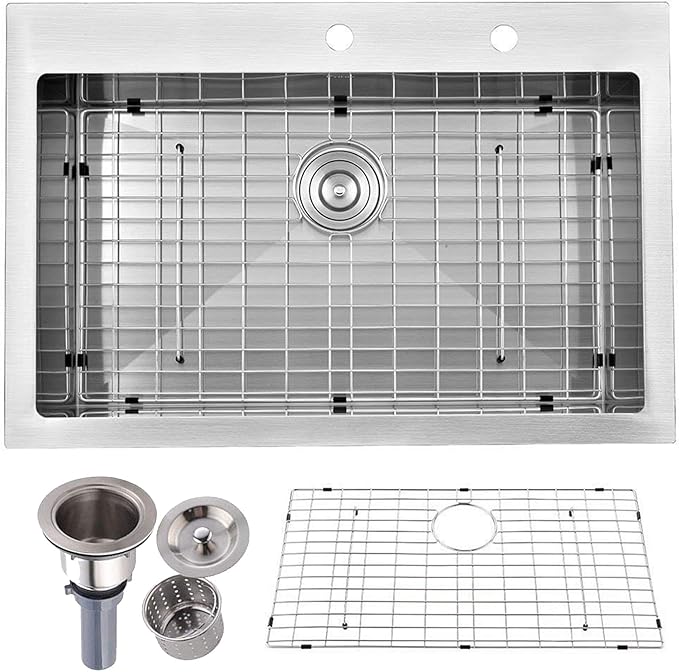 33"x 22" Drop in Stainless Steel Kitchen Sink, Brushed Nickel Top mount Kitchen Sinks, 18 Gauge Handmade Single Bowl Large Basin With Dish Grid and Basket Strainer