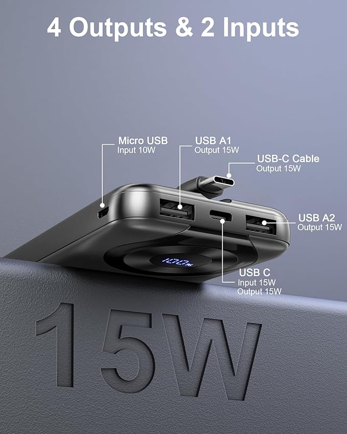 Portable Charger 10000mAh Power Bank Fast Charging with Built-in Cable Slim Battery Pack