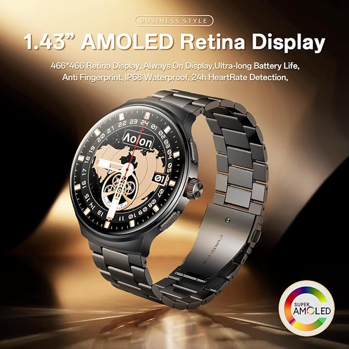 AOLON Smart Watch for Men (Answer/Make Calls), 1.43'' AMOLED Screen, 100+ Sports Modes Fitness Tracker, IP68 Waterproof, Heart Rate/SpO2/Health Monitor for Android/iOS, Stainless Steel Band, Black