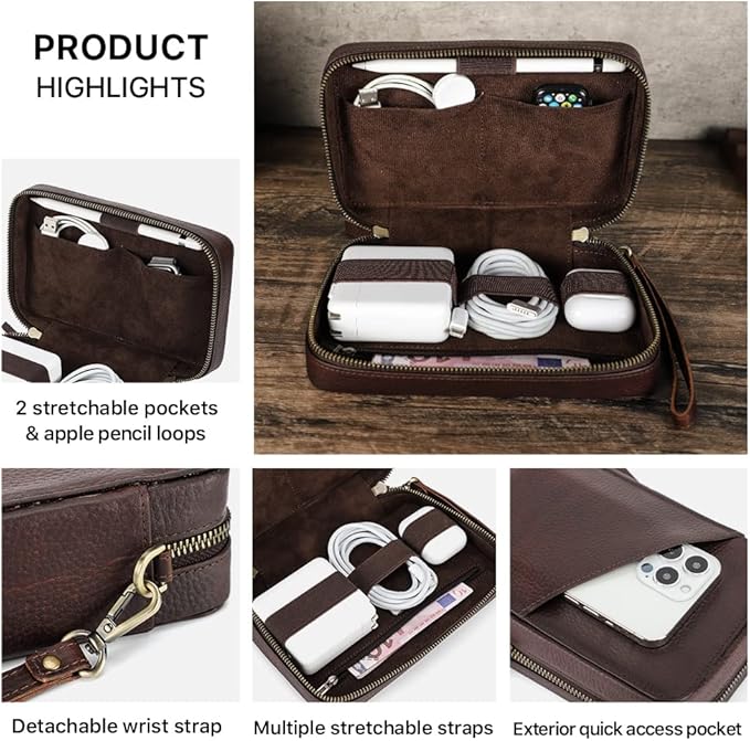 CONTACTS Electronic Organizer Travel Tech Case Leather Electronics Accessories Storage Box Vintage Portable Holder for Phone Charger Cables