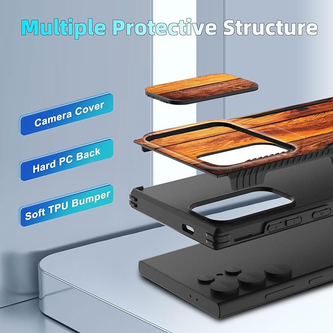 for Galaxy S26 Ultra Case Built in Slide Camera Lens Cover,Heavy Duty Shockproof Protection Dual Layer Case for Samsung Galaxy S26 Ultra 6.9" 2026,Vintage Wood Texture