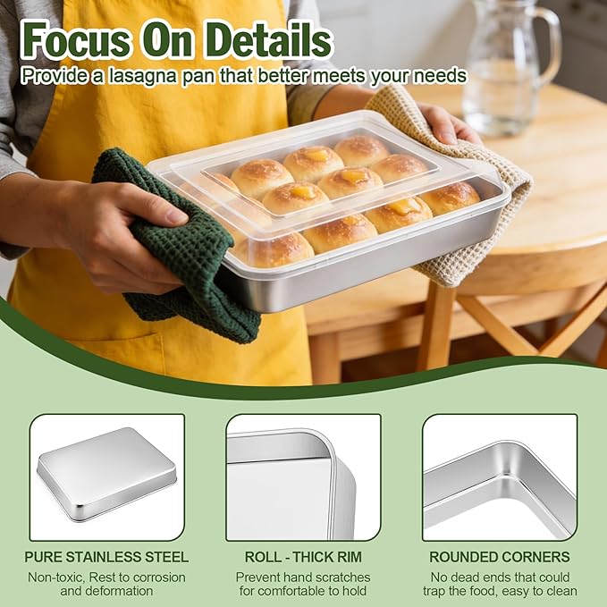TeamFar Rectangular Cake Pan with Lid, 10.5’’ Stainless Steel Small Lasagna Baking Roasting Brownie Pan, Non-toxic & Deep Side, Brushed Surface & Dishwasher Safe, 2 PCS