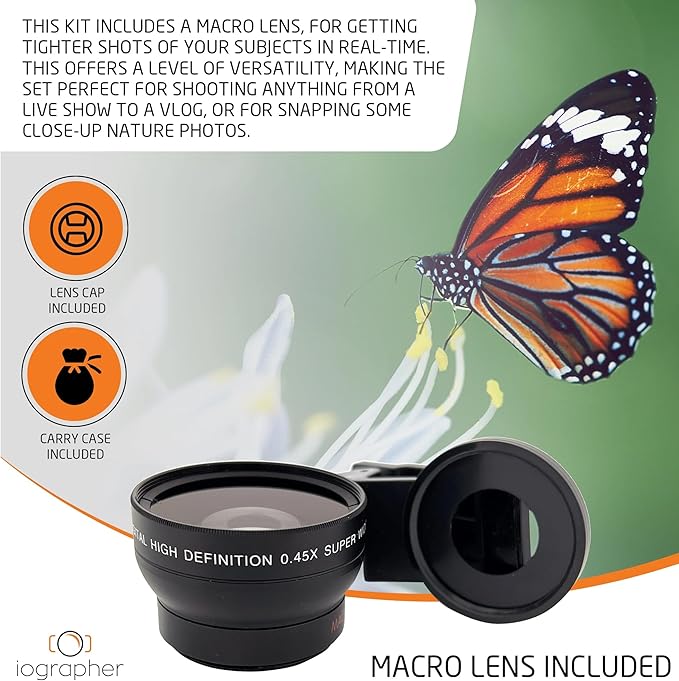 iOgrapher 37mm Wide Angle/Macro Lens and Clip Bundle - Phone Camera Accessories for Smartphones and Tablets