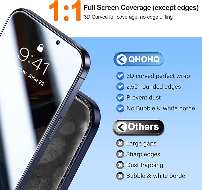 [1-Second Auto-Install] QHOHQ 3 Pack Privacy Screen Protector for iPhone 17 Pro [6.3 Inch] + 1 Set Camera Lens Protector, 25° Anti Spy Tempered Glass, [12FT Military Grade Shatterproof], Case Friendly