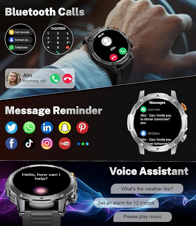 Military Smart Watches with 1000 mAh Battery/Flashlight/3 Bands,1.75'' HD Display Smart Watch(Make Call),IP68 Waterproof Fitness Tracker with Heart Rate,Sleep Monitor,100+ Sport Modes,for iOS Android