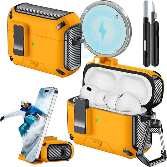 for AirPods Pro 3 Case (2025) with Phone Stand,（with Automatic Snap Switch） Carbon Fiber Design Protection Cover with Cleaning Pen,Yellow