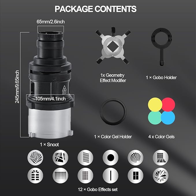 WELLMAKING S-80 Bowens Mount Optical Conical Snoot Spotlight Kit. Adjustable Focus 38°Lens, Lighting Shape Changeable; For Photography, Studio Video, Compatible with various LED lights and flashlights