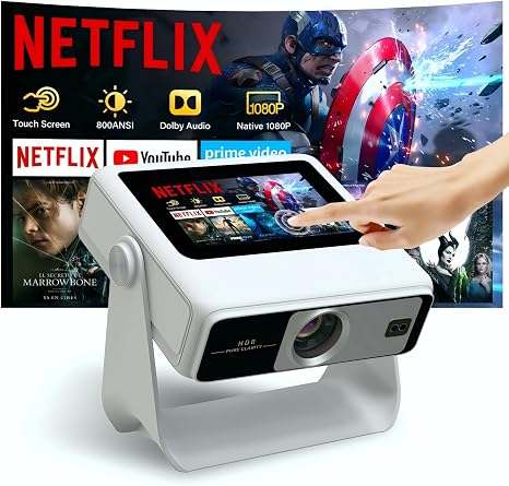 Smart Projector with WiFi and Bluetooth, 4K Supported Native 1080P Portable Outdoor Projector, Dual-Screen Sync Built-in Touchscreen Home Theater Gaming Projector for Bedroom Backyard Movie Night