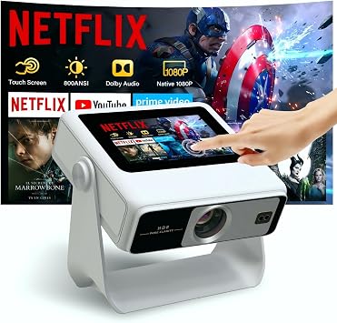 Smart Projector with WiFi and Bluetooth, 4K Supported Native 1080P Portable Outdoor Projector, Dual-Screen Sync Built-in Touchscreen Home Theater Gaming Projector for Bedroom Backyard Movie Night