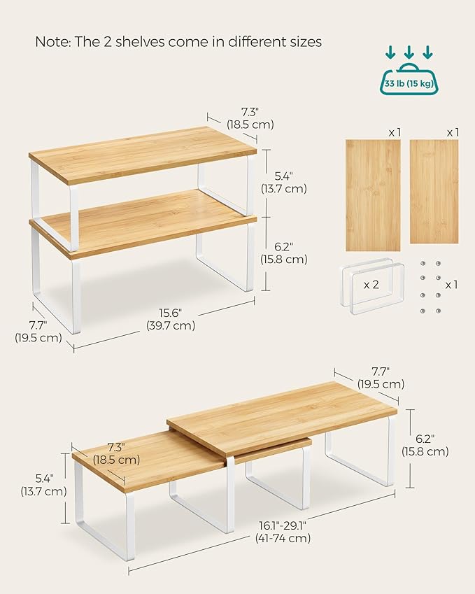 SONGMICS Cabinet Organizer Shelf, Set of 2 Kitchen Counter Shelves, Kitchen Storage, Spice Rack, Stackable, Expandable, Metal and Engineered Wood, Cloud White and Natural Beige UKCS200W01