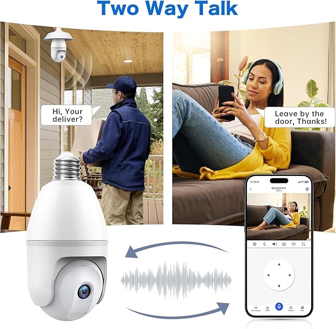 Light Bulb Security Camera - 5g 2K Lightbulb Security Cameras Wireless Outdoor, 360 Front Porch Light Camera Screw in Light Socket 7/24 Motion Sensor Color Night Vision 2-Way Audio