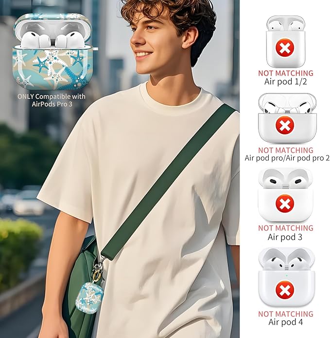 Compatible with AirPods Pro 3 (2025) Case, Airpod Pro 3 Protective Cover with Cute Golden Keychain for Girls & Women (Beach Starfish)