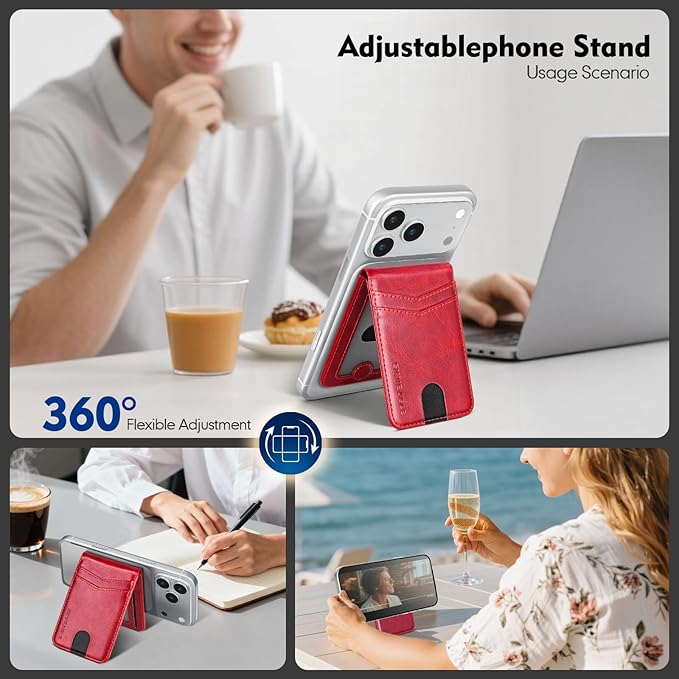 Compatible with Magsafe Case with Card Holder for Men Women Magnetic Ultra-Thin Wallet Bracket Adjustable Bracket for iPhone 17/16/15/14/13/12 Pro/Pro Max/PlusSeries,Red