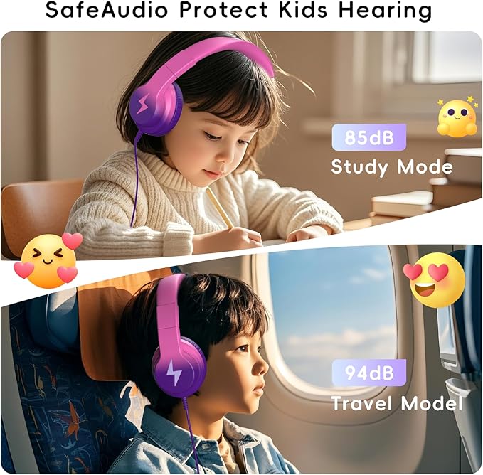 Kids Headphones, Wired Headphones for Kids Over Ear with Microphone, 85/94dB Volume Limiter Headphone for Girls Boys, Foldable Headphone for Learning, Deep Purple and Pink