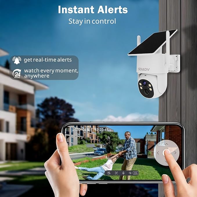 SOIADV Solar Security Camera Wireless Outdoor with 360°View, 2K Color Night Vision, PTZ Camera for Home Security, Battery Powered, Two Way Audio, Motion Detection, PIR Alarm, IP65 Weatherproof, SC13W