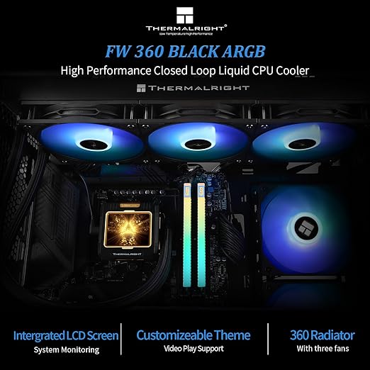 Thermalright FW360 Black ARGB CPU AIO Cooler,PC 360 Specification Water Cooler System,IPS LCD Screen with 320x240 Resolution,for AM5&Intel LGA1700/1851,CPU Cooler Comes with 2.4-inch LCD Display