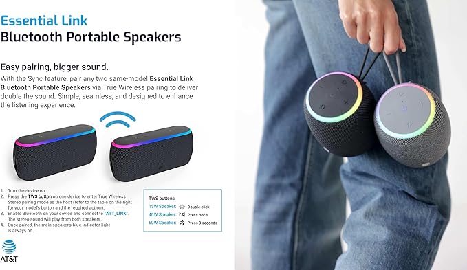 AT&T Essentials 40W Portable Bluetooth Speaker – IPX6 Waterproof, Wireless Dual Pairing, 15H Playtime, Removable Strap/Handle – Home/Kitchen/Outdoor Use (Black)