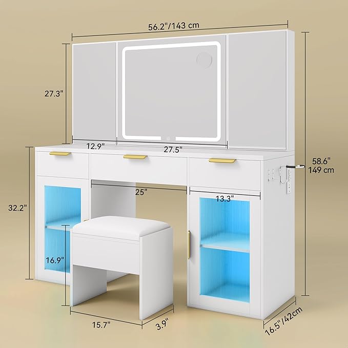 DWVO 56" Vanity Table Set with Tri-Fold Mirror & LED Lights, Makeup Vanity Desk with RGB Glass Cabinets, Storage Drawers, Shelves, Built-in Power Strip, Cushioned Stool for Dressing Room, White