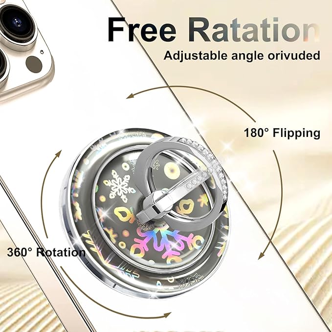 Transparent Magnetic Phone Grip Compatible with MagSafe Phone Ring Holder,360°Adjustable & Removable Silver Snowflake Diamond Laser Design Magnet Stand for Phones and Tablets