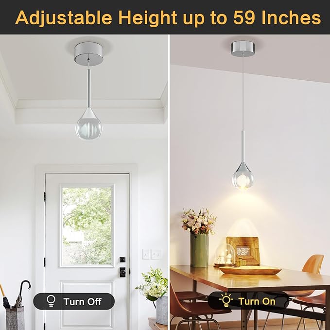 Teardrop Crystal Pendant Light – 4W LED Pendant Light with Remote Dimmable 3 Color Temperature Crystal Raindrop Chandelier for Bathroom, Kitchen Island,Dining Room,Bar (Chrome 1-Light)