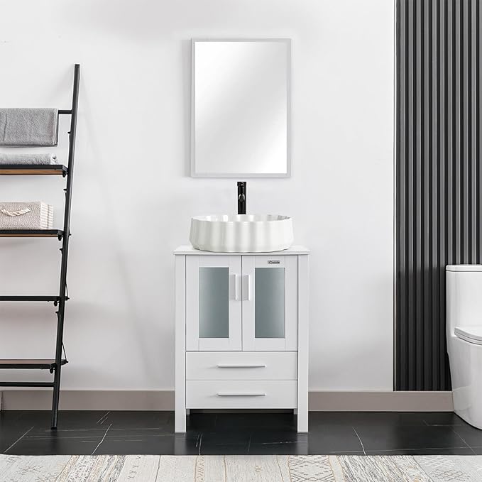 eclife 24" Modern Bathroom Vanity Sink Combo Freestanding Cabinet with Soft Closing Door, White Shell Ceramic Vessel Sink, Water Save Faucet, Drain (White+T54)