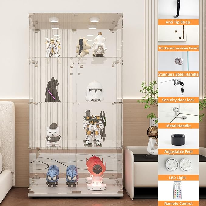 LFT HUIMEI2Y Glass Display Cabinet 4-Shelf with LED Light, Mirror and Lock, 2 Door Curio Cabinets, Tempered Glass Collection Display Showcase for Bedroom, Living Room 65”x 17”x 14” White
