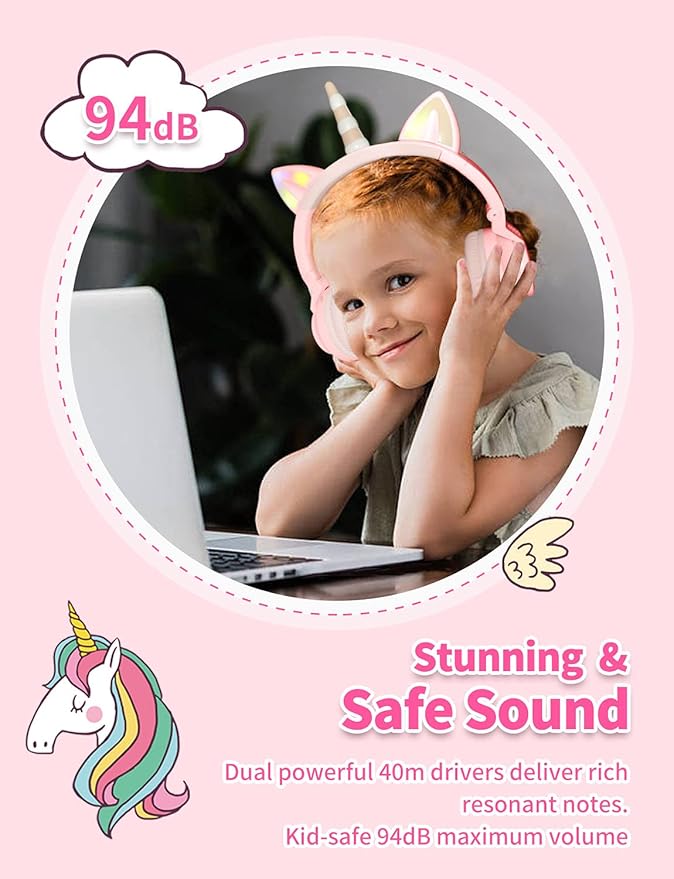 Unicorn Kids Headphones for Girls, Unicorn Bluetooth Headphones Foldable for Girls Toddlers Tablet/pad/Amazon fire,Light Up Kids Wireless Headphone Birthday Gifts (Pink 2)