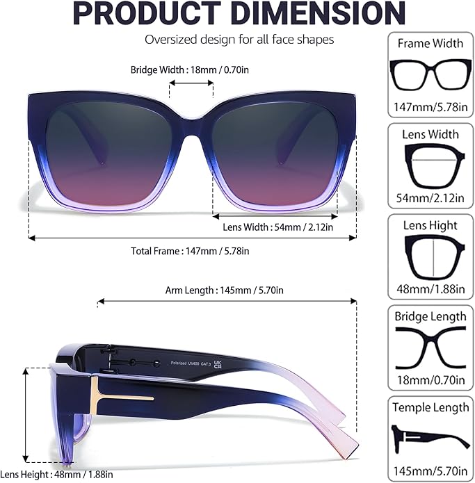 LVIOE 2 Pack Polarized Fit Over Sunglasses for Women Men Oversized Square Over Glasses Sunglasses with UV Protection LS7511