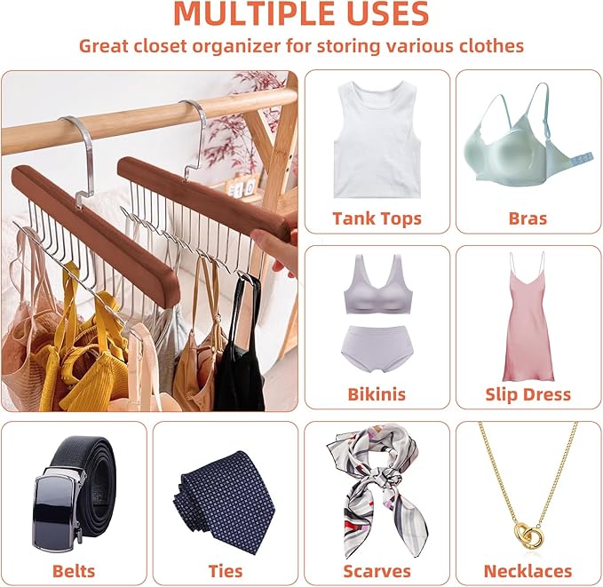 2 Pack Belt Hanger,Wooden Belt Organizer for Closet, 360° Rotating Tie & Belt Rack for Storage with 16 Hooks, Sturdy Belt Holder Space Saver for Belt, Tie, Bra, Scarf, Tank Top Accessories