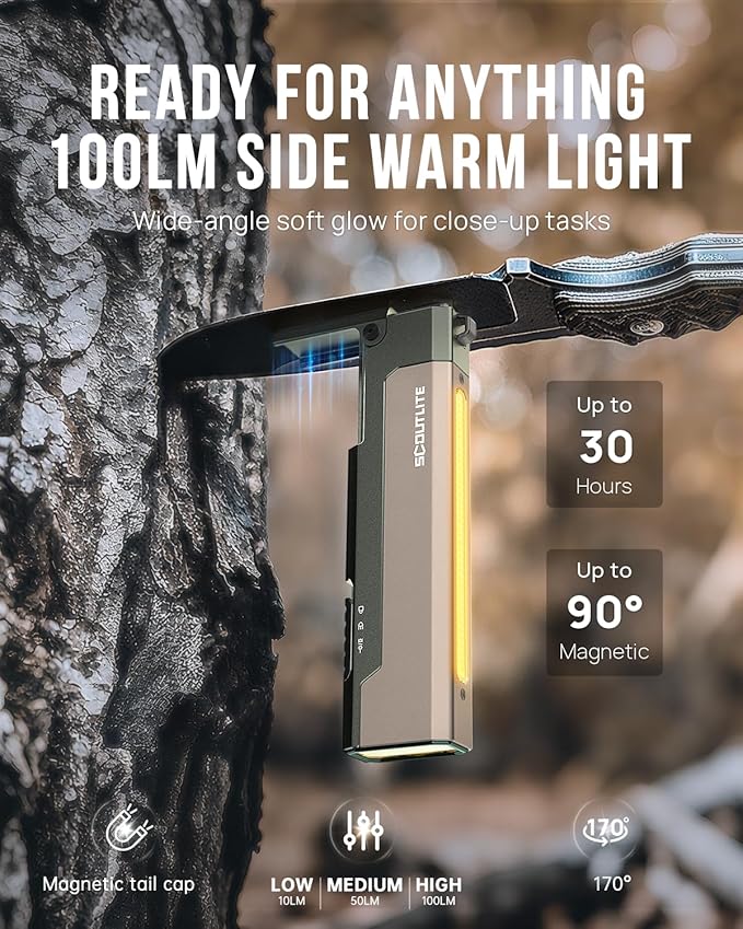 SCOUTLITE Vario GB 2000 EDC Flashlight with White and Warm LED Combo, 2000 Lumens Compact Magnetic Flat Pocket Lights, Triple Sources for Ourdoor Camping Inspection Emergency Work - Olive Green