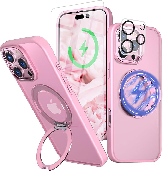 for iPhone 16 Pro Case with Screen Protector & Lens Protector [15 FT Military Drop Protection] Magnetic Kickstand Compatible with MagSafe Slim Translucent Case (Sakura Pink)