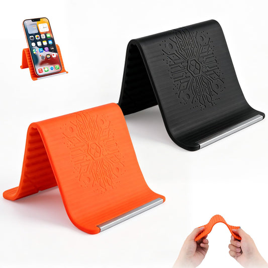 2PCS Flexible Silicone Aluminum Phone Holder Stand, Portable Foldable Silicone Phone Holder, Universal Adjustable Anti-Slip Desktop Mount for Phones, Tablets and Laptops (Black + Orange)