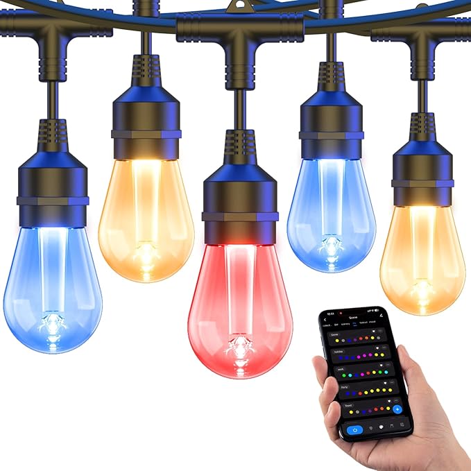 XMCOSY+ Outdoor String Lights Smart, 49Ft RGBCWIC Patio Lights Waterproof, App Control, Compatible with Alexa, Color Changing LED String Light for Outside Yard Garden Porch