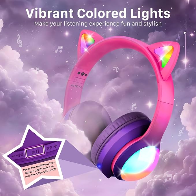 FosPower Kids Bluetooth 5.2 Headphones with LED Cat Ears (85/94dB Safe Volume Limit) Foldable Wireless or Wired Headset with 100hr Play Time and 3.5mm Cable for School/Travel - Hot Pink/Purple