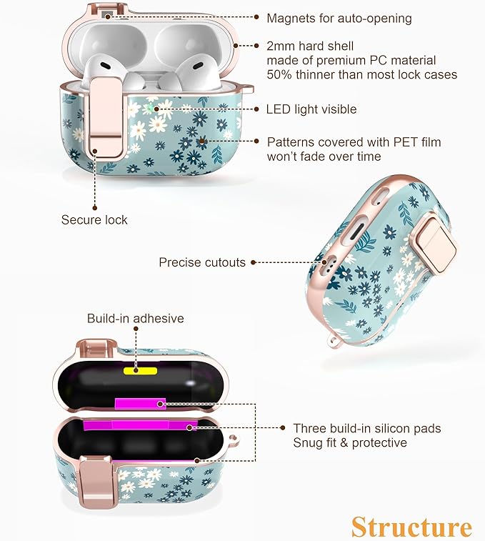 TATOFY for AirPods Pro 3rd (2025) Generation Case with Lock Carabiner Cleaner, Slim AirPod Pro 3 Hard Case Cover, Compatible with MagSafe (Cyan)