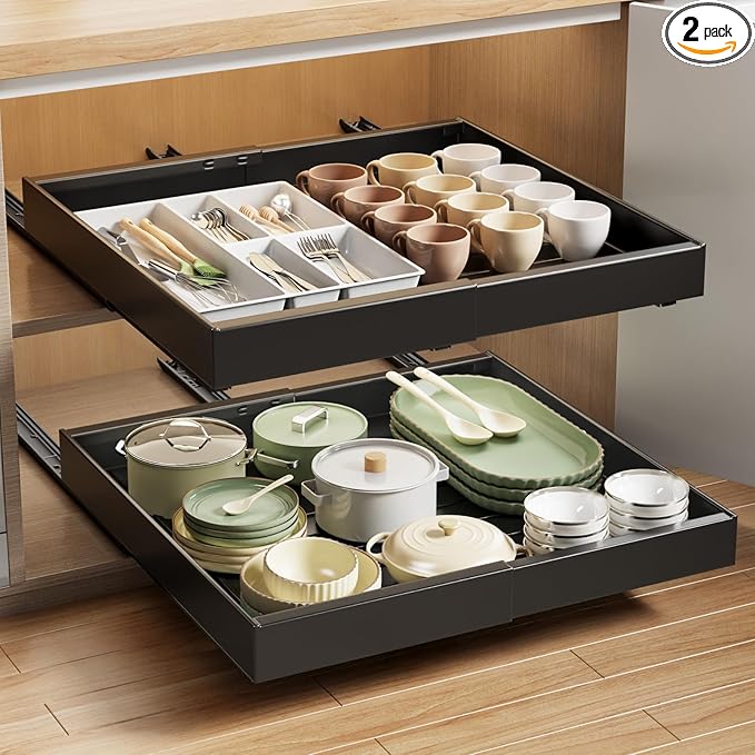 2 Pack Pull Out Cabinet Organizer Expandable, 21"Deep Slide Out Drawer for Cabinets Adhesive Pull Out Drawers Heavy Duty Pull Out Shelves for Kitchen, Cupboard, Pantry, Bathroom(Black)