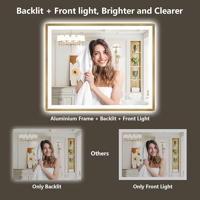 44x32 Gold Framed LED Bathroom Mirror with Lights, Backlit and Front Light, Lighted Bathroom Vanity Mirror for Wall Dimmable Anti-Fog Memory Tempered Glass Horizontal/Vertical