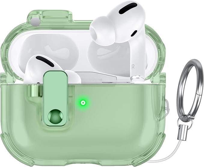 Case for AirPods Pro Case Cover with [Lock Safety & Pop Up][Military Shockproof] Anti-Yellow Transparent Soft TPU Wireless Charging for AirPods Pro Generation Case with Keychain, Clear Green