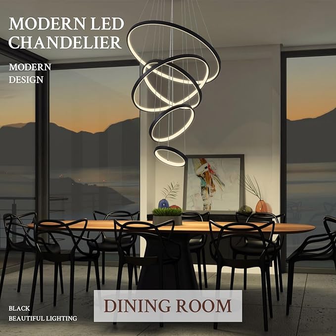 5 Ring Modern LED Chandelier Dimmable Black High Ceiling Chandeliers for Foyer, LED Contemporary Large Pendant Lighting with Remote Control Circular for Living Room Staircase, 3000K-6500K