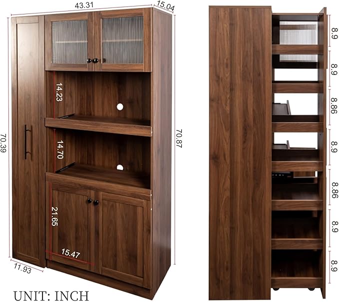 KEIKI 70.87" Tall Kitchen Pantry Storage Cabinet with Pull-Out Multi-Tier Shelf, Countertop, Glass Doors, Microwave Stand, Freestanding Wood Hutch Food Pantries Cupboard for Coffee Bar, Dining Room