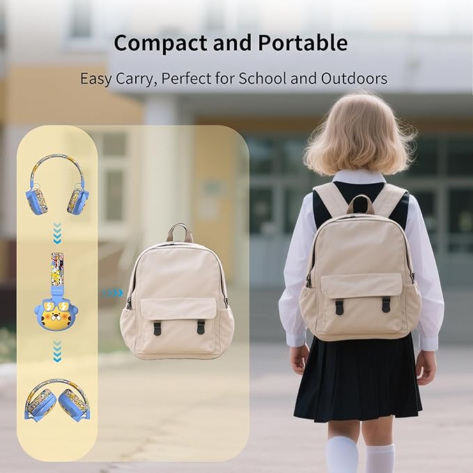 Kids Bluetooth Headphones, 85dB Volume Limit, Ultra-Soft Over-Ear, Built-in Mic, Foldable, Beerus Cartoon Animal Design, Suitable for School & Travel, FM/TF/AUX Supported