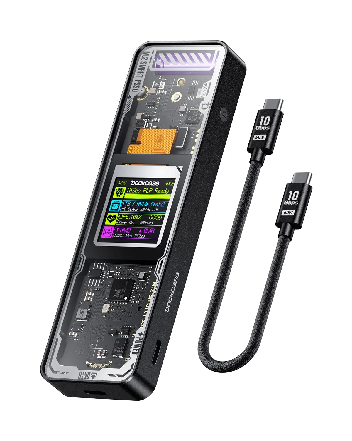 DOCKCASE Explorer Edition M.2 NVMe SSD Enclosure,Support 10s PLP Prevents Write Data Loss,USB 3.2 Gen 2 Type-C (10 Gbps), fits NVMe PCIe,Size 2230/2242/2260/2280,Support M-Key B+M Key UASP
