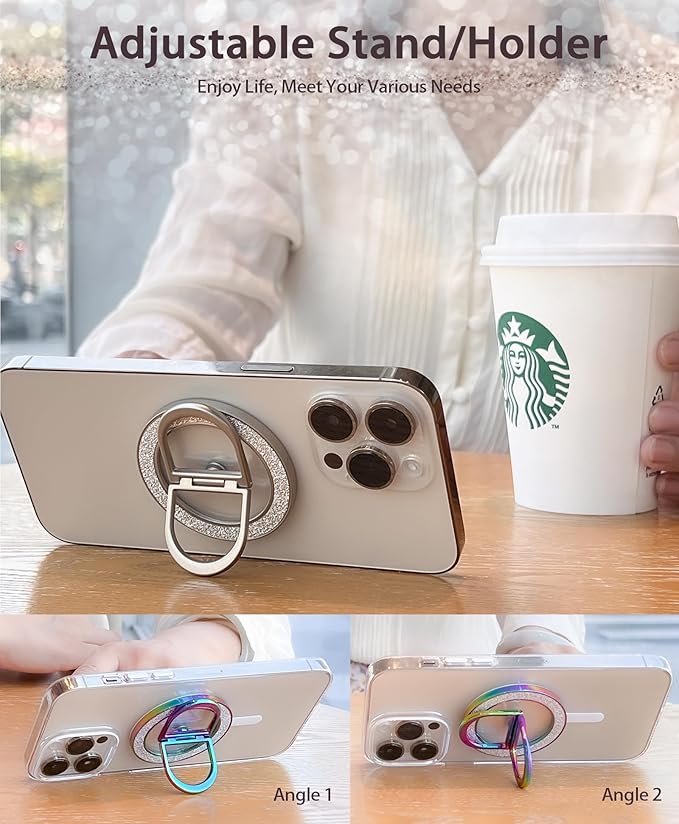 Magnetic Phone Grip for Magsafe Phone Ring Holder Finger Kickstand, Twinkle Transparent Magnetic Double Ring Holder for iPhone 16 15 14 13 12 Pro Max Plus (Titanium)