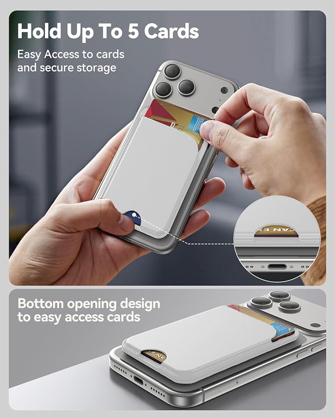 for MagSafe Wallet, 5 Cards Holder with Stand, Magnetic Phone Wallet Stand for iPhone 17/16/15/14/13/12 Pro Max Air Plus Series, RFID Blocking Vegan Leather,White