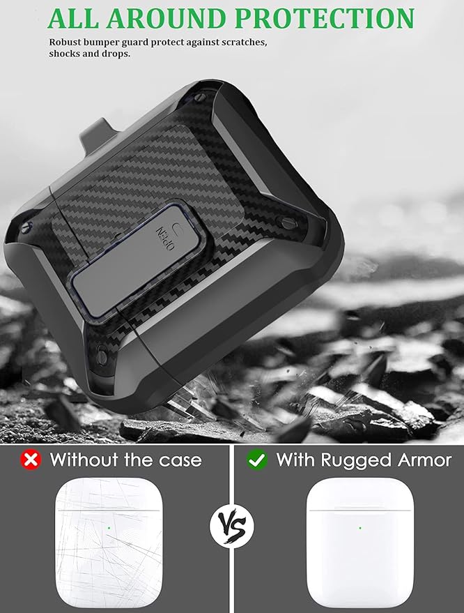 for Airpods 2nd 1st Generation Case Men Lock with Cleaner Kit, Rugged AirPod 2/1 Gen Protective Hard Cover Shockproof Skin Boys Women with Keychain for Apple iPods 2nd/1st Cases, Black