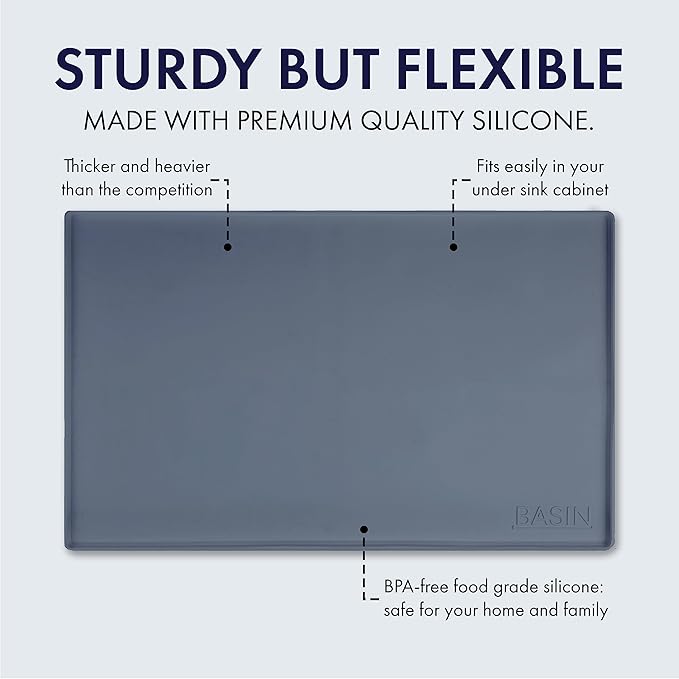BASIN - Heavy Duty Under Sink Mat - Original Silicone Under Sink Mats for Waterproof - Under Sink Tray - Under Sink Cover Kitchen Cabinet Liner - 28x22