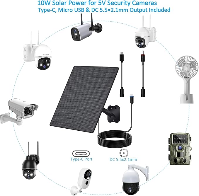10W Solar Panel for Security Cameras, 5V Outdoor Camera Solar Panel with USB-C Cable, DC 5.5x2.1mm & Micro USB Port, IP66 Waterproof with Adjustable Mount & 10FT Cable