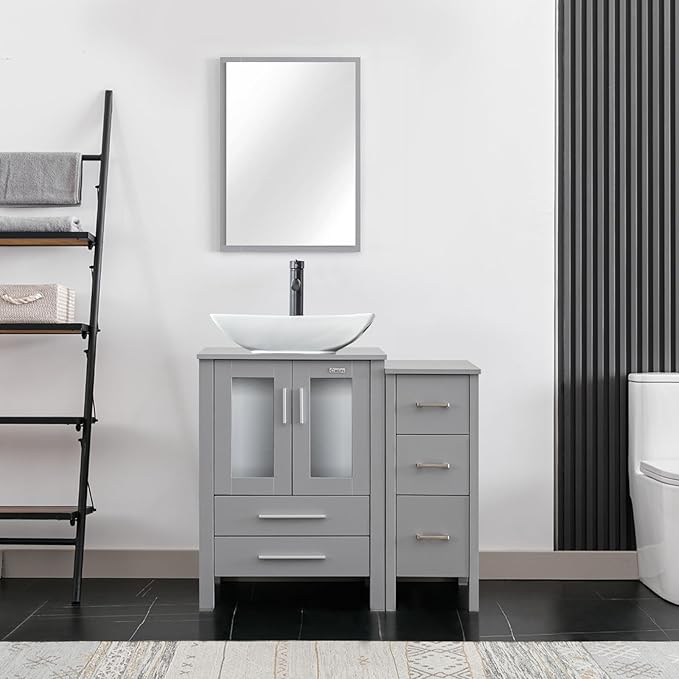 eclife 36" Modern Bathroom Vanity Sink Combo Freestanding Cabinet with Small Side Cabinet, White Curved Ceramic Vessel Sink, Water Save Faucet, Drain (Gray+T32)