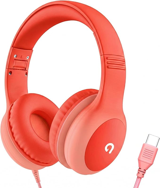 Wired Kids Headphones with USB C Plug, 85dB Safe Volume, Adjustable Headband, Tangle-Free Cord Headphones for School, Tablet, Travel (Coral Red & Soft Peach, Without Microphone)